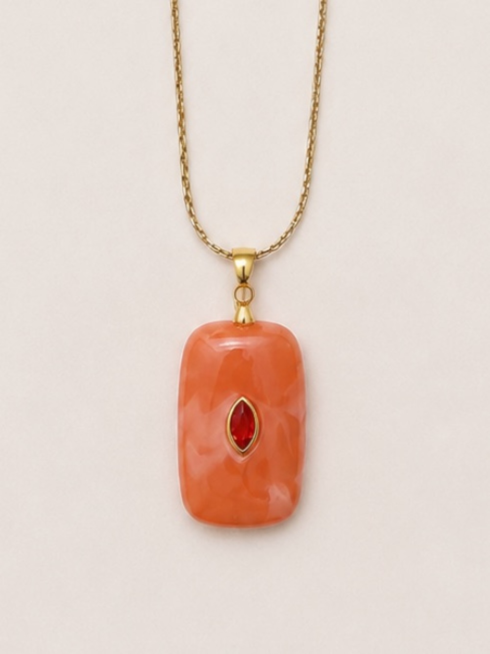 New! Classic Colorful Coral Orange Marbled Gemstone Pendant Necklace NWOT